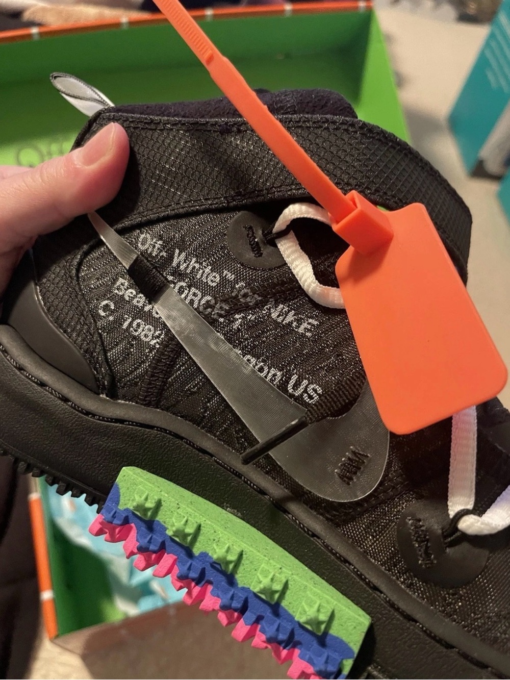Off-White Men's Black Athletic Sneaker with Green, Blue & Pink Traction Sole